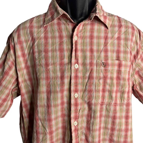 Aigle Button Up Short Sleeve Shirt L Pink Plaid Chest Pocket Collared Cotton - Picture 2 of 6
